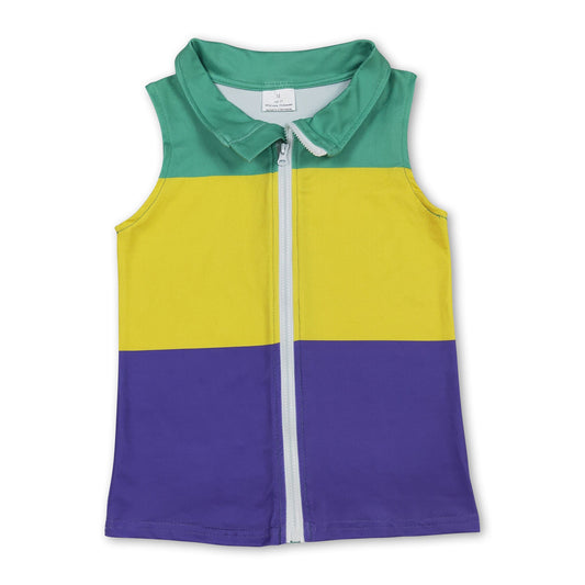 Sleeveless green yellow purple kids Mardi Gras zip vest