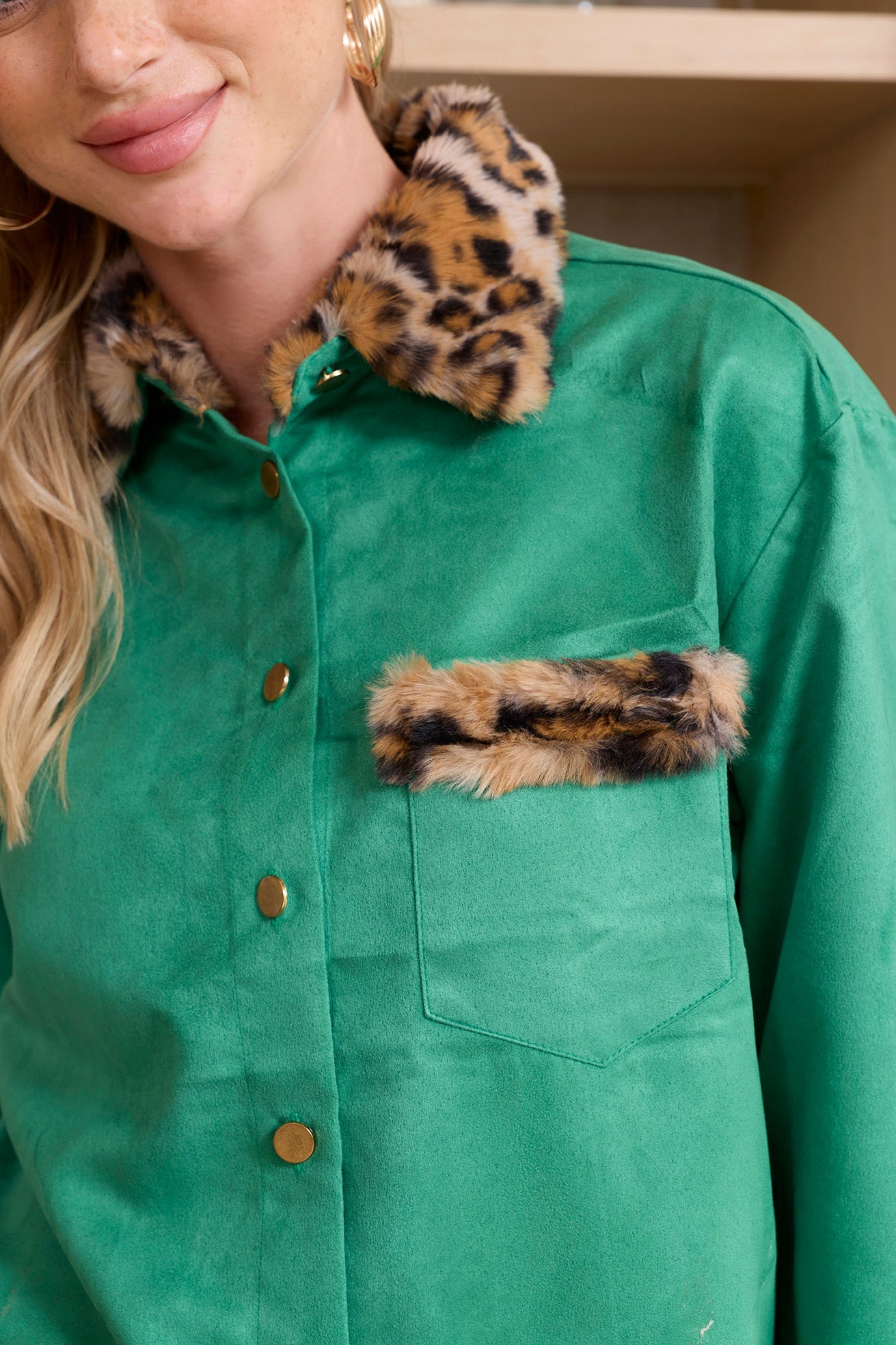 Sienna Rose Women's Shirt in Green with Fur.