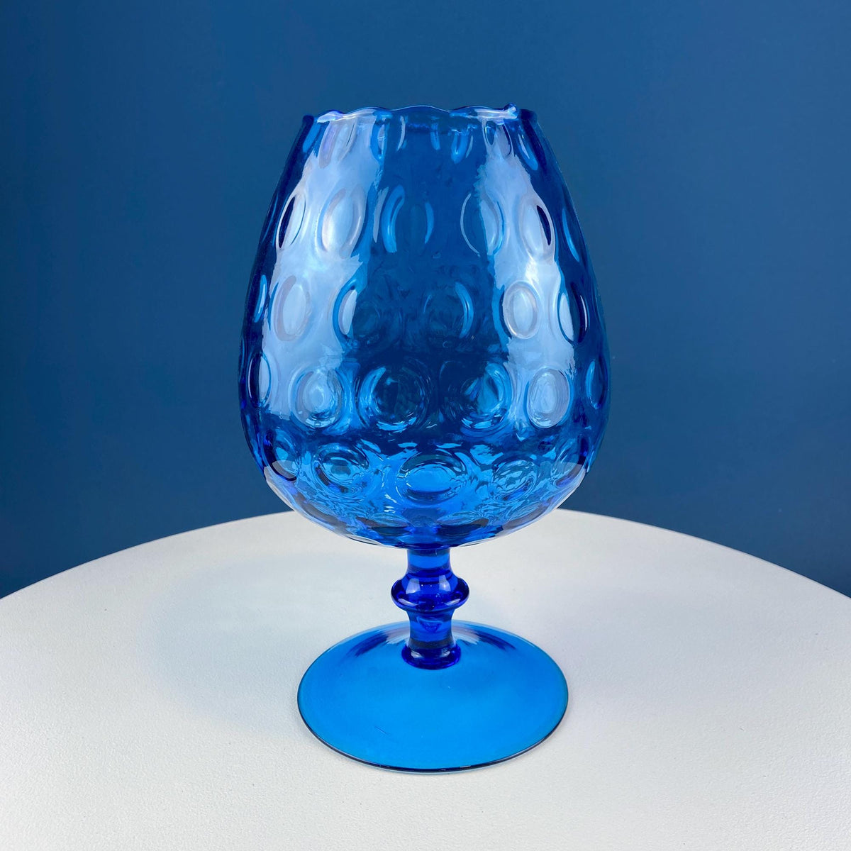 Blue Hand-Blown Glass Footed Vase. Large Goblet with Thumb Print Motif. Collectible Modern Glass. Home or Retail Decor. Interior Design Idea