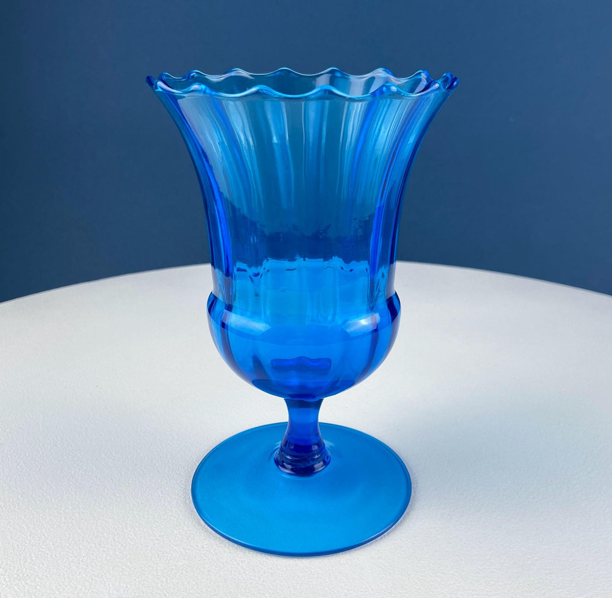 Blue Hand-Blown Glass Footed Vase. Large Goblet with Thumb Print Motif. Collectible Modern Glass. Home or Retail Decor. Interior Design Idea