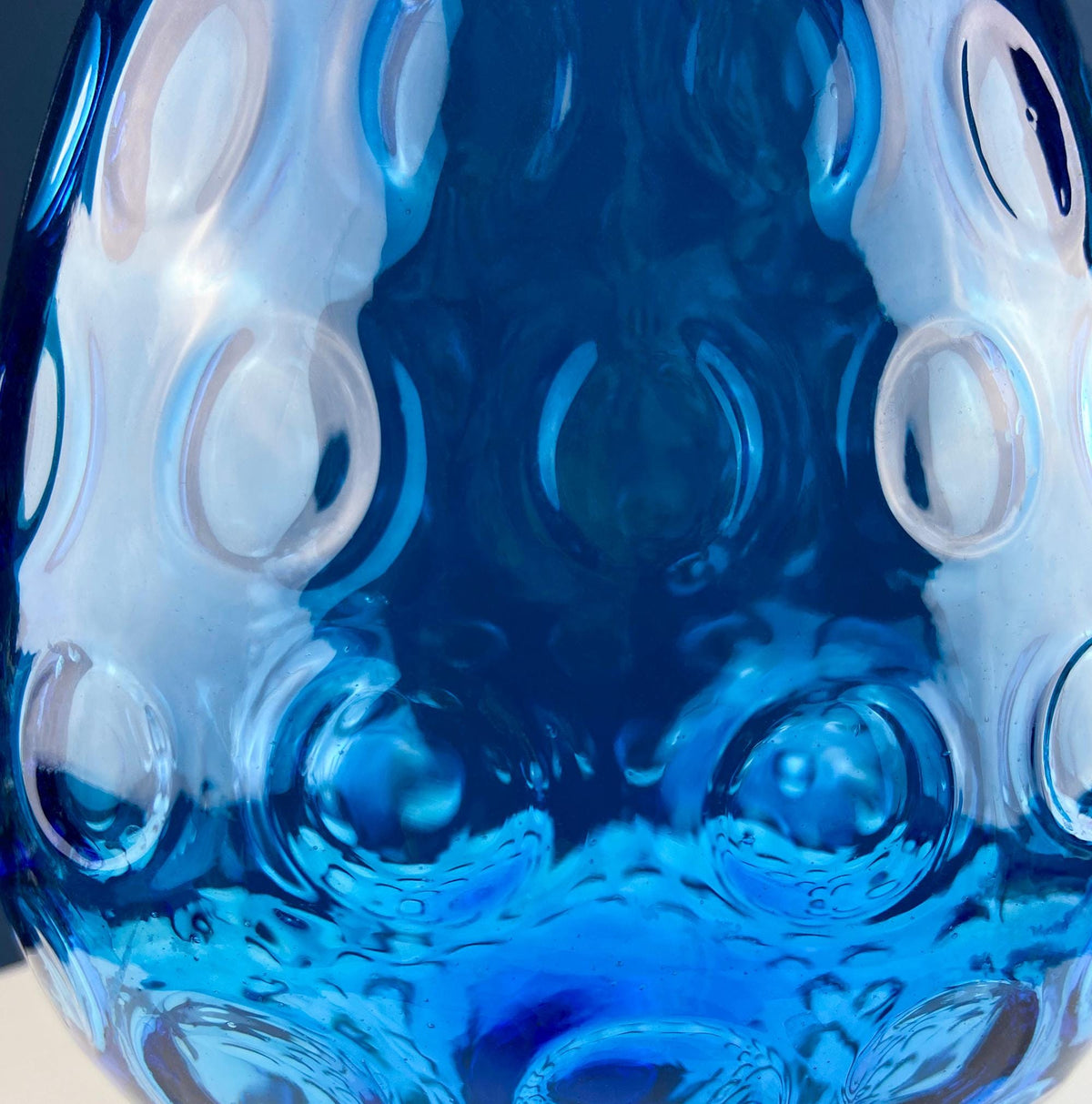 Blue Hand-Blown Glass Footed Vase. Large Goblet with Thumb Print Motif. Collectible Modern Glass. Home or Retail Decor. Interior Design Idea