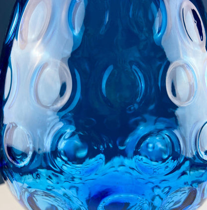 Blue Hand-Blown Glass Footed Vase. Large Goblet with Thumb Print Motif. Collectible Modern Glass. Home or Retail Decor. Interior Design Idea