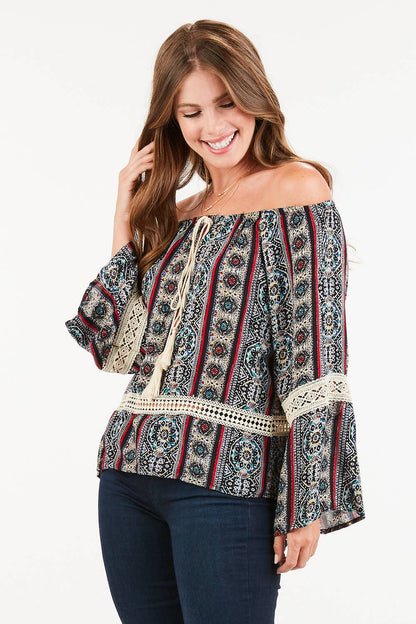 Women's Boho Off-Shoulder Blouse – Paisley Print with Tassels