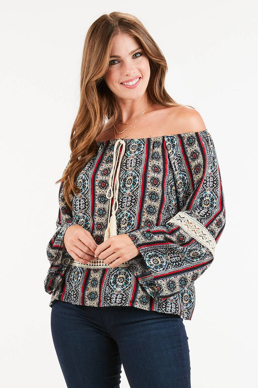 Women's Boho Off-Shoulder Blouse – Paisley Print with Tassels
