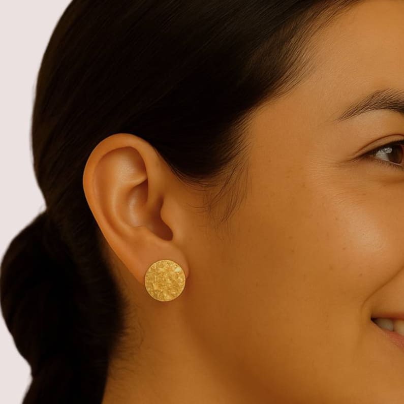 Hammered Disc Brass Stud Earrings for Men & Women | Poa