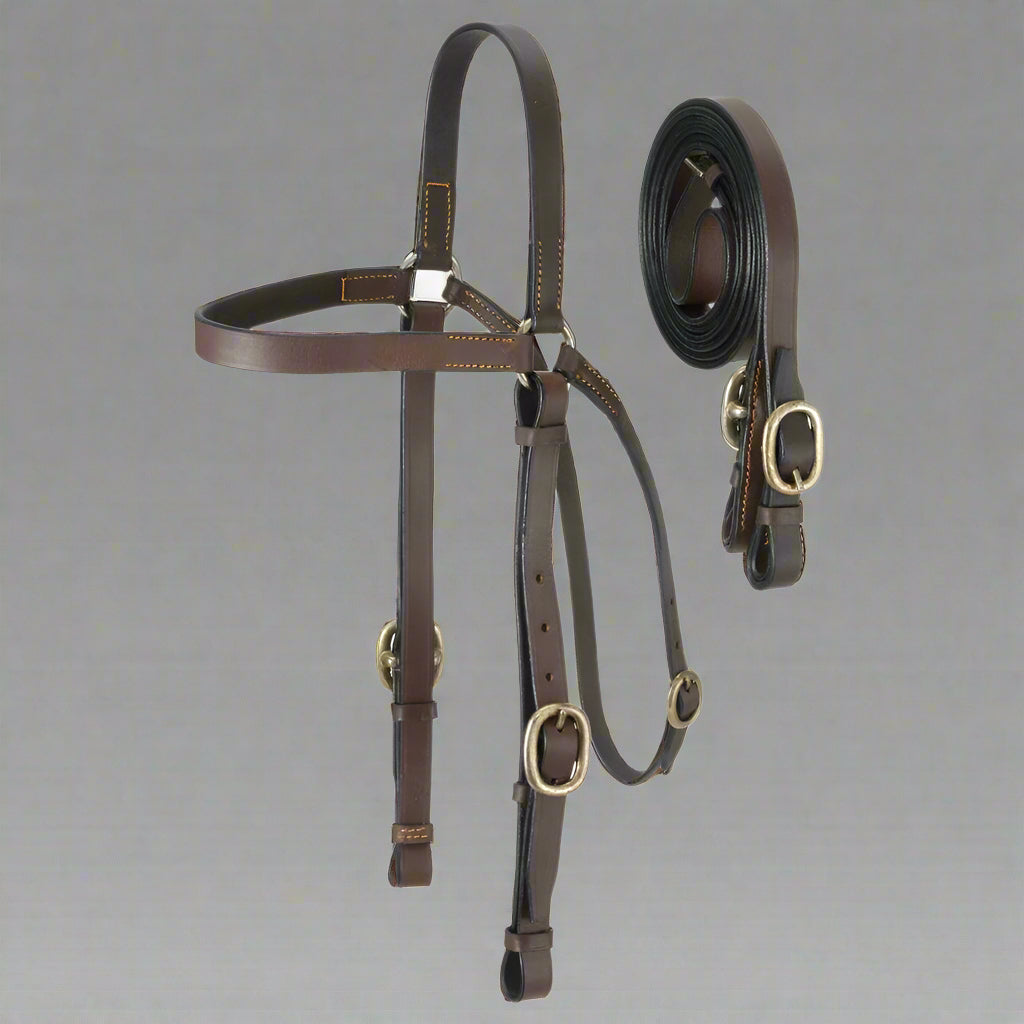 Western Leather Quick Change Headstall & Reins Set – Brown with Brass Buckles
