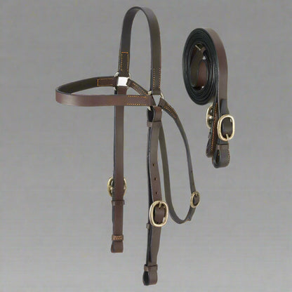 Western Leather Quick Change Headstall & Reins Set – Brown with Brass Buckles