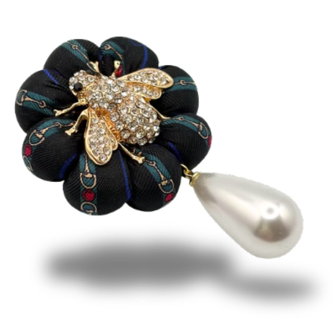 GG Horsebit Bumblebee Vintage Silk Necktie Rosette Brooch