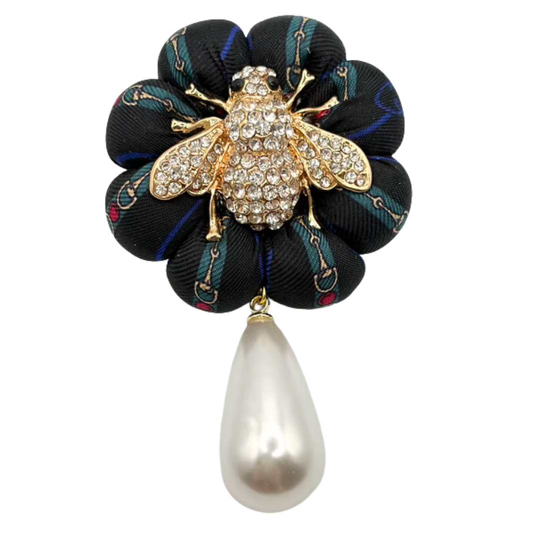 GG Horsebit Bumblebee Vintage Silk Necktie Rosette Brooch