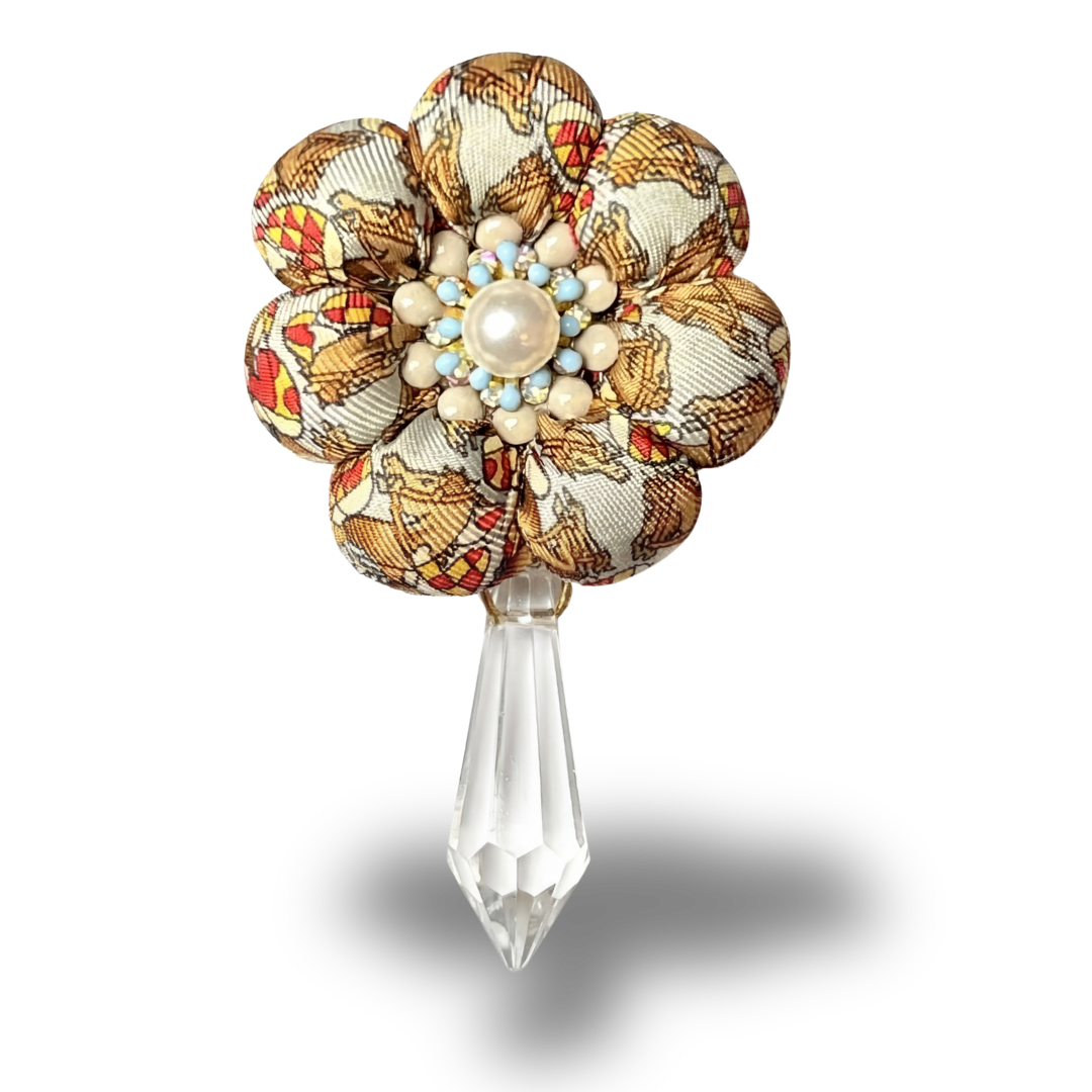 Jockey Print Vintage Silk Necktie Rosette Brooch