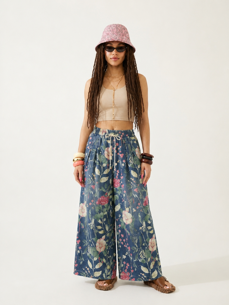 Wanderlust Floral Denim Wide-Leg Jeans