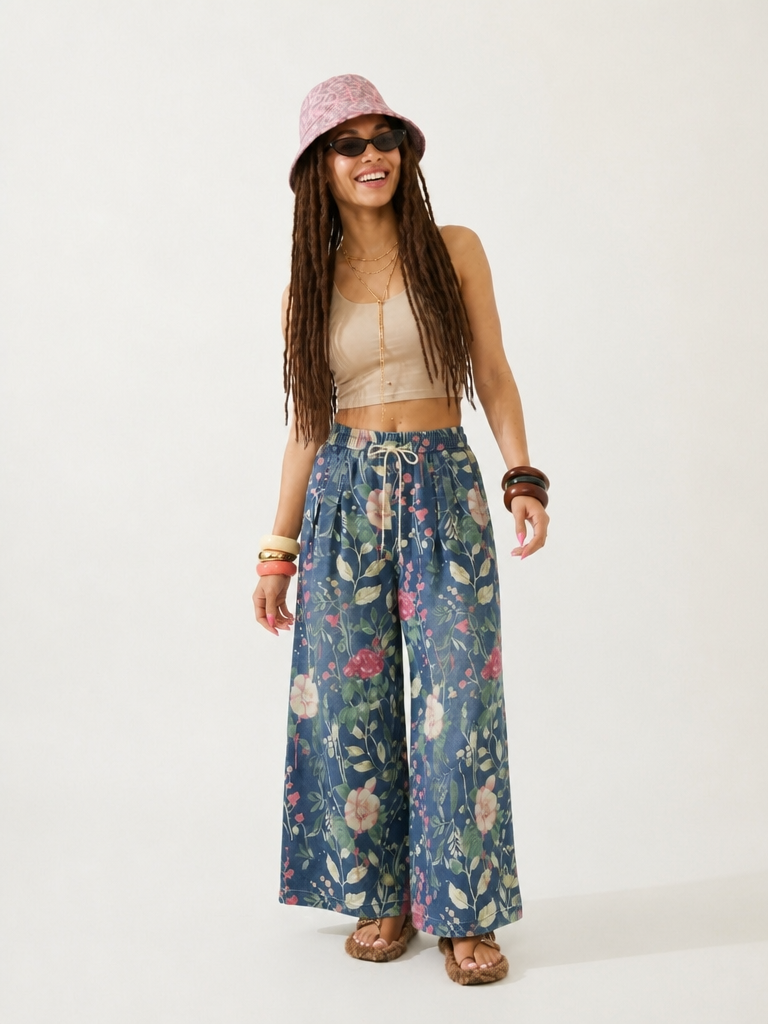 Wanderlust Floral Denim Wide-Leg Jeans