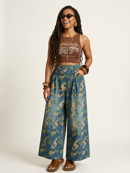 Free Spirit Floral Print Wide-Leg Jeans