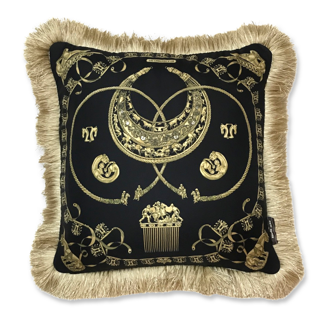 Cavaliers d'Or Noir Vintage Silk Scarf Pillow 19"