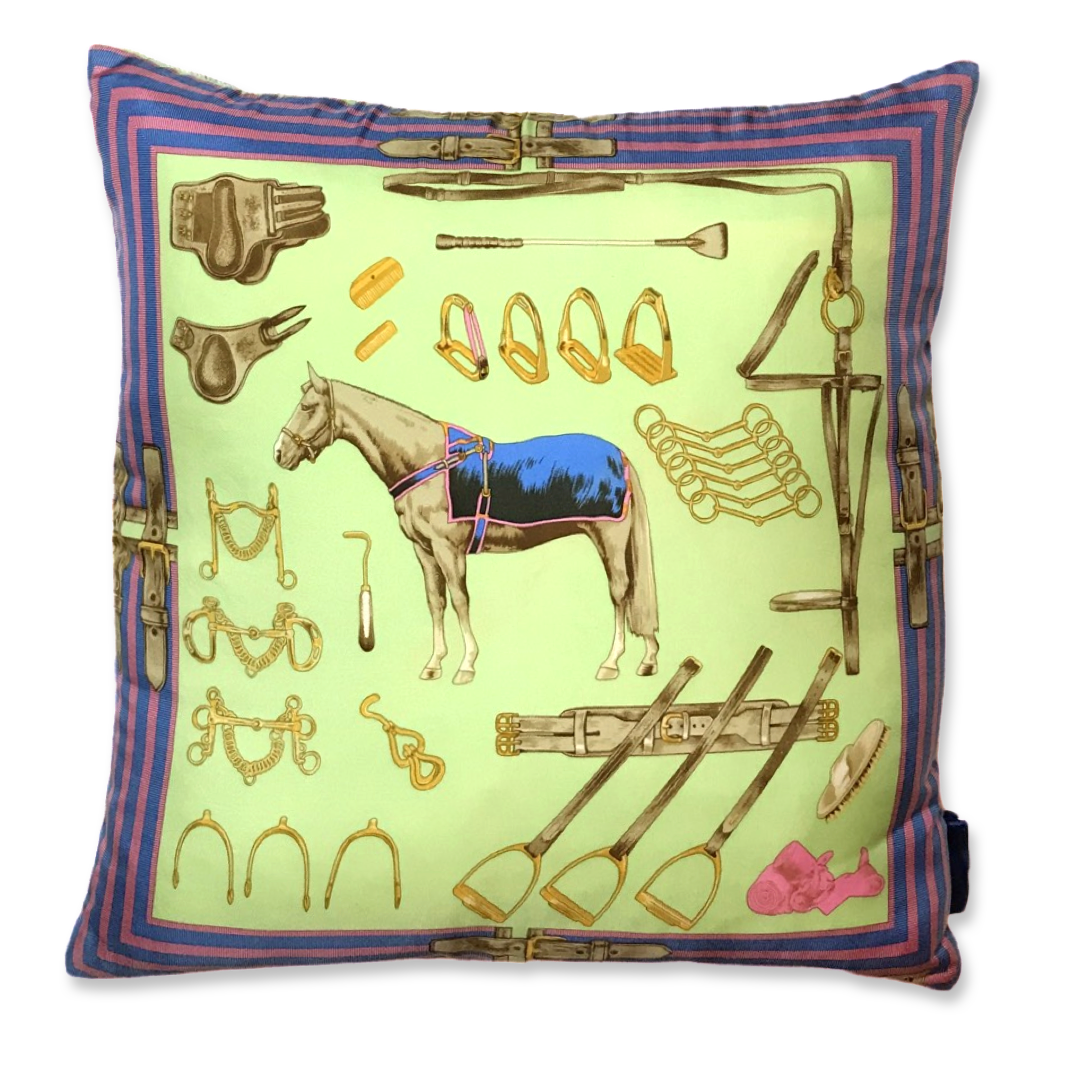 Celadon Equestrian Vintage Silk Scarf Pillow 22"