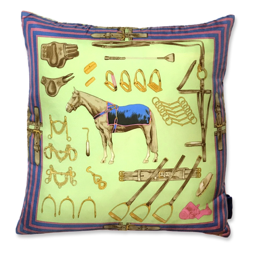 Celadon Equestrian Vintage Silk Scarf Pillow 22"