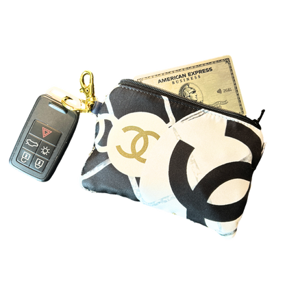 CC Logo Camellia Noir Vintage Silk Scarf Coffee Run Keychain Bag