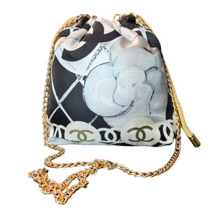 CC Logo Camellia Noir Vintage Scarf Drawstring Crossbody Bag