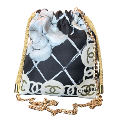 CC Logo Camellia Noir Vintage Scarf Drawstring Crossbody Bag