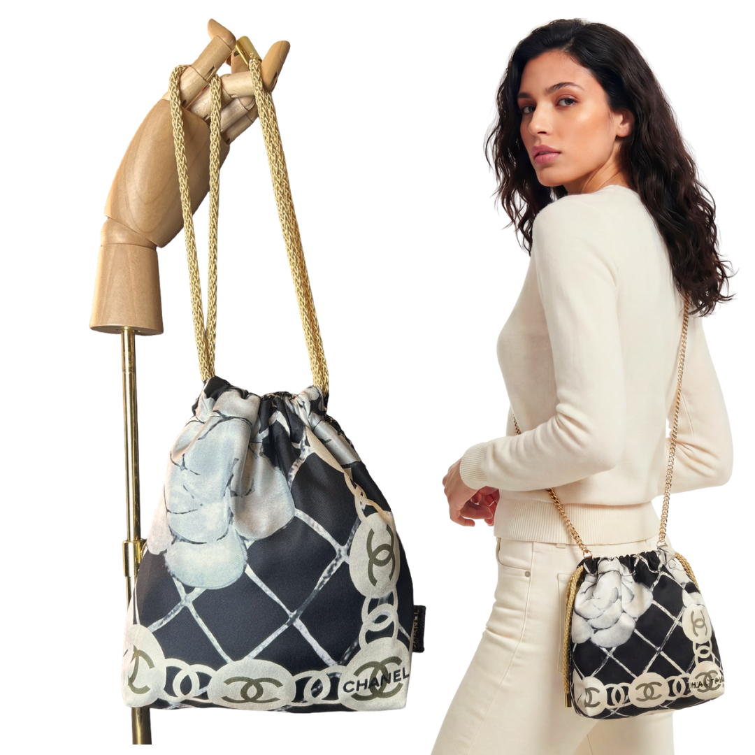CC Logo Camellia Noir Vintage Scarf Drawstring Crossbody Bag