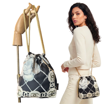 CC Logo Camellia Noir Vintage Scarf Drawstring Crossbody Bag