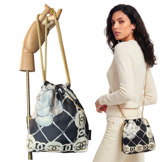 CC Logo Camellia Noir Vintage Scarf Drawstring Crossbody Bag