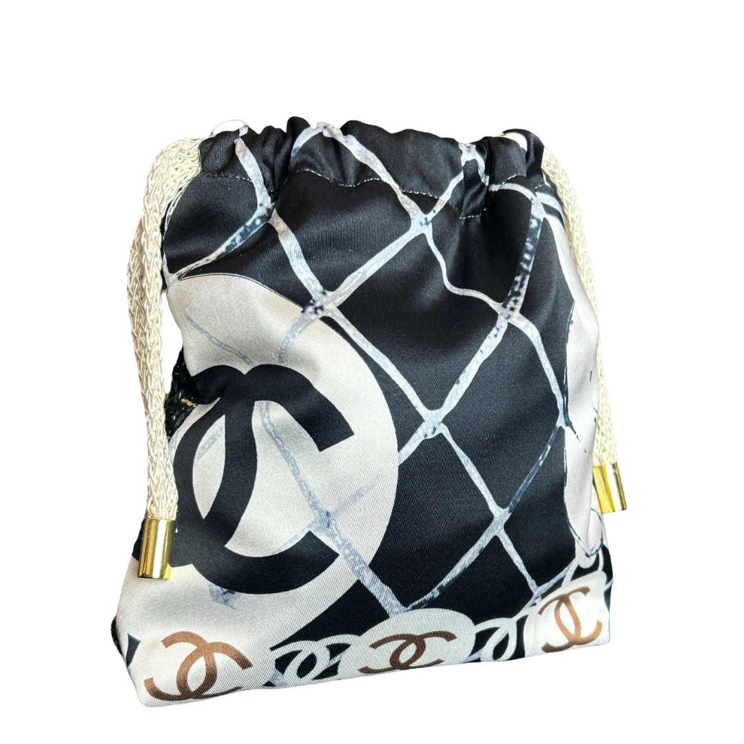 CC Logo Camellia Noir Vintage Scarf Drawstring Crossbody Bag