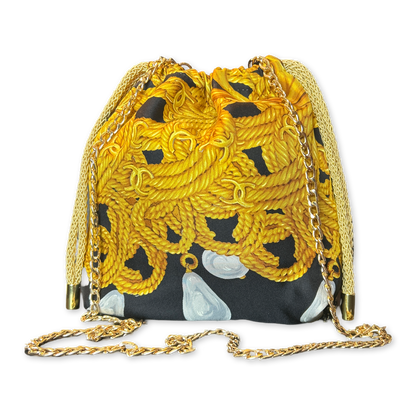 CC Logo Chain Noir Vintage Scarf Drawstring Crossbody Bag