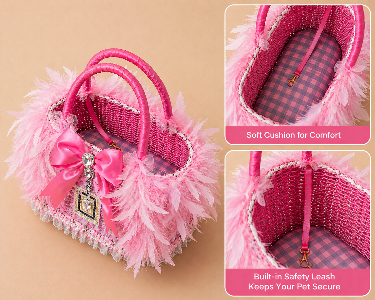 Pink Feather Wicker Pet Carrier Basket