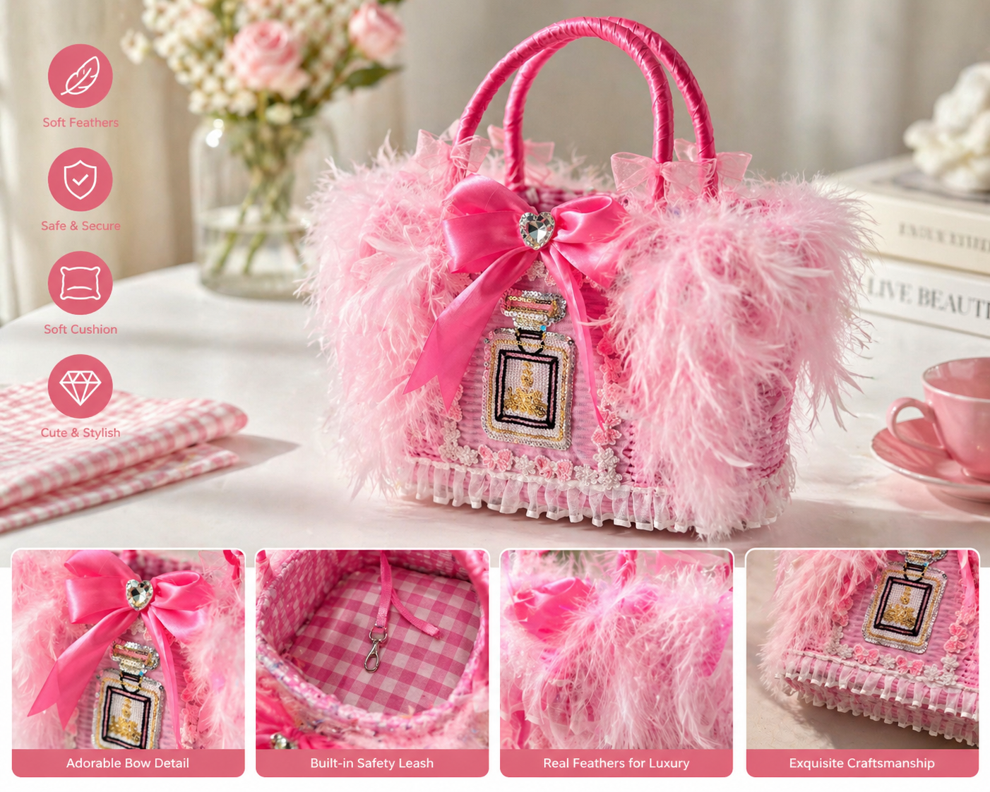 Pink Feather Wicker Pet Carrier Basket