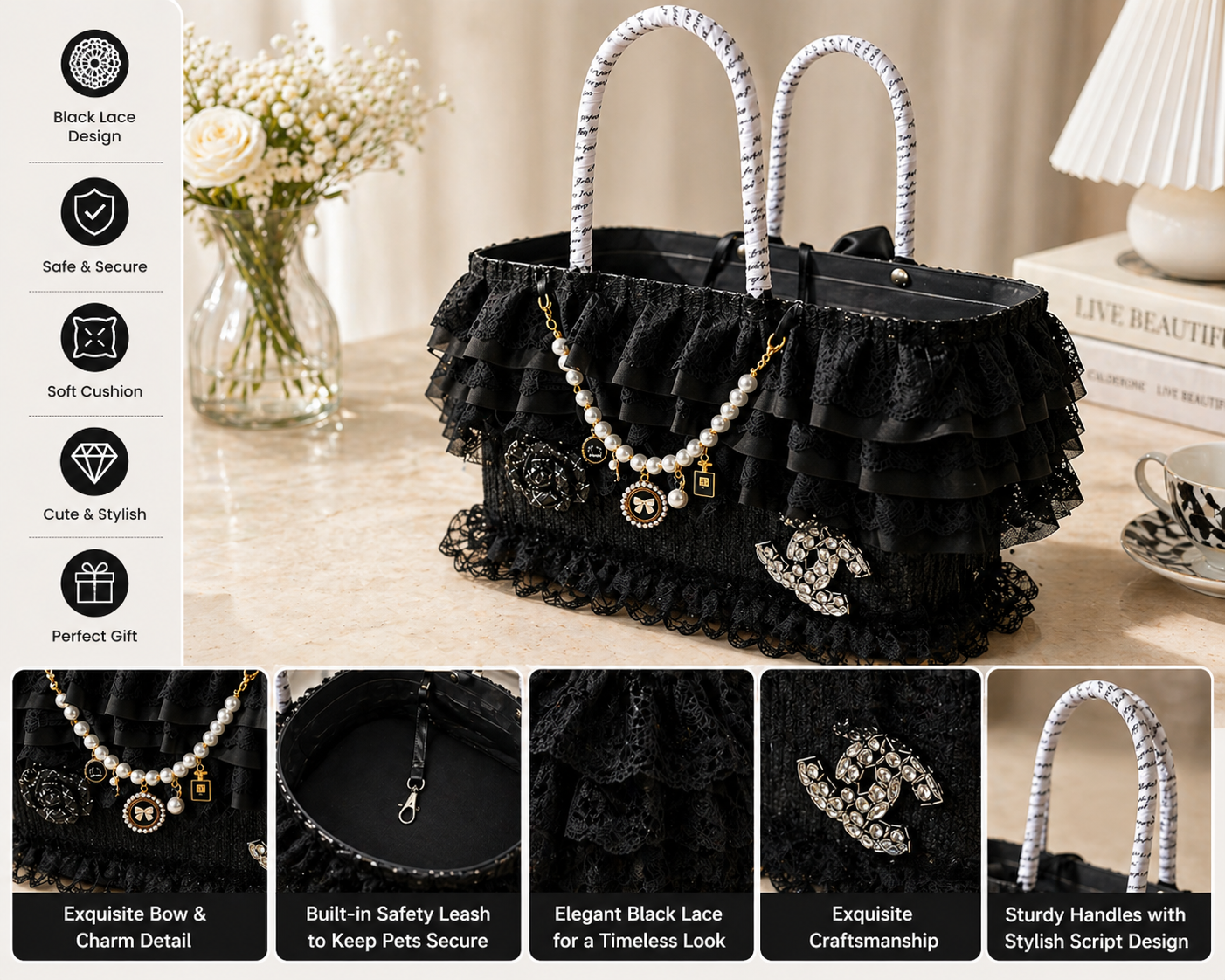 Black Lace Pet Carrier Basket
