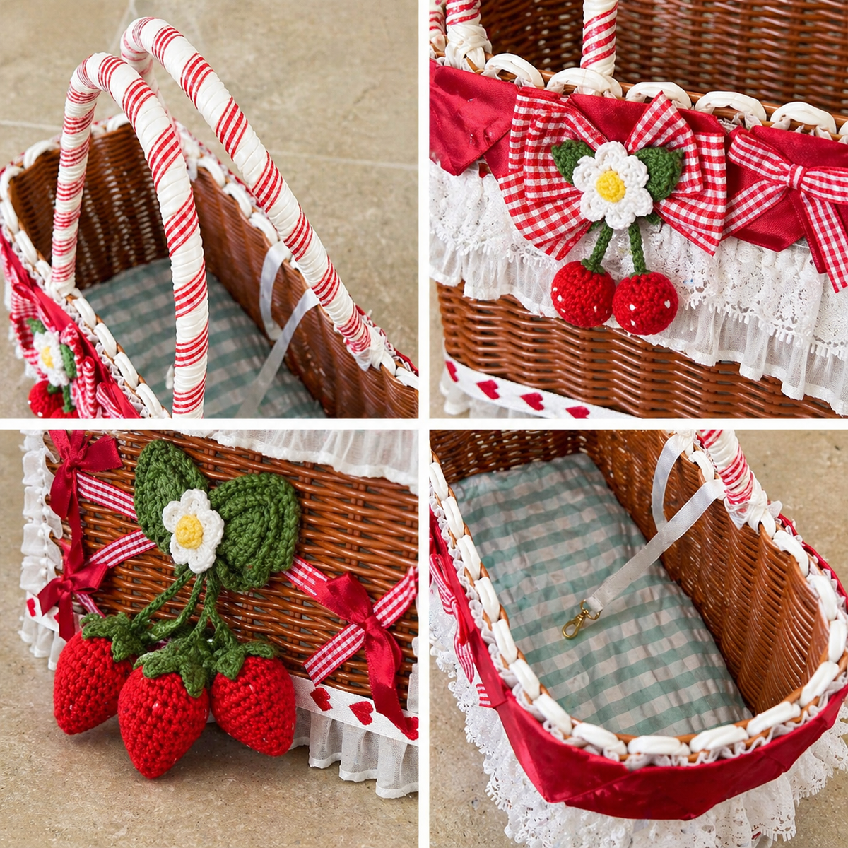 Strawberry Lace Wicker Pet Carrier Basket