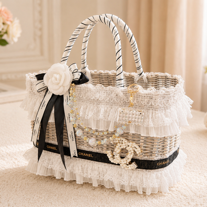 Black and White Lace Pet Carrier Basket