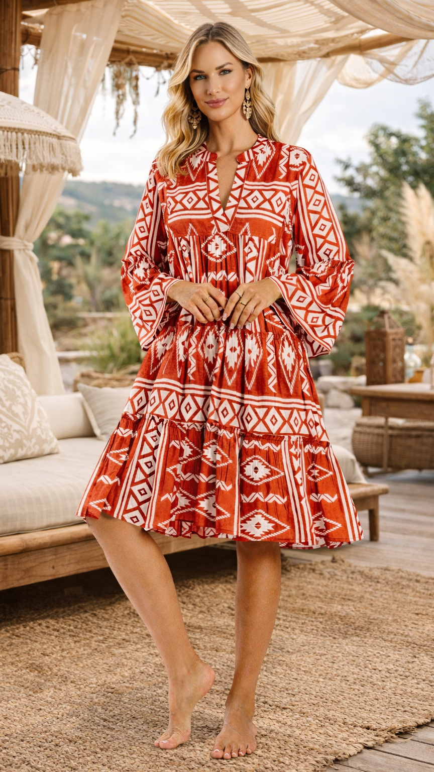 Red Boho Mini Dress Wholesale | Resort Wear Vacation Dress for Boutiques