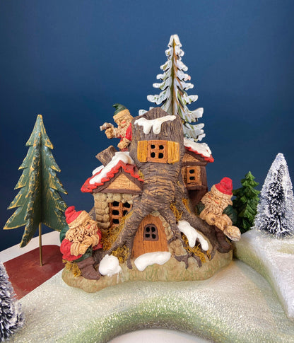 Vintage Illuminated Elf Tree House, Silvestri Christmas Village Accessory