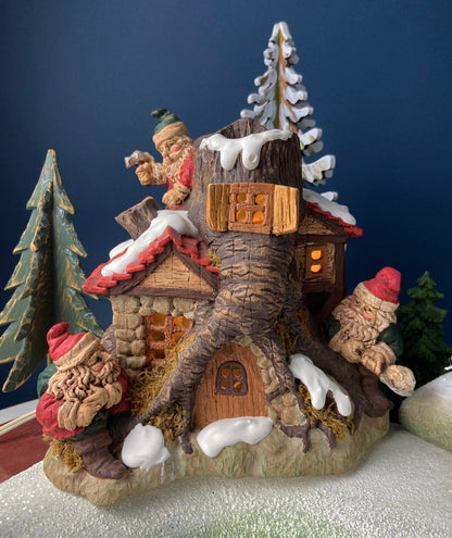Vintage Illuminated Elf Tree House, Silvestri Christmas Village Accessory