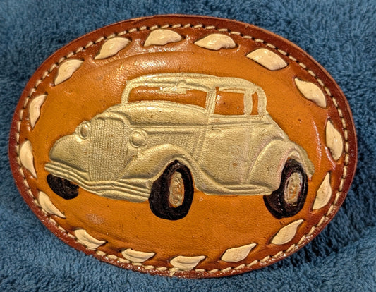 Vintage Genuine Leather Classic Car Belt Buckle with Buckstitch – Western Style