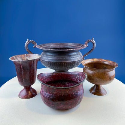 Collection of Rustic Metal Urns Jardinieres. Flower Arrangements or Herb Garden. Set of 4 Planters. Home Retail Decor. Florist Supplies.
