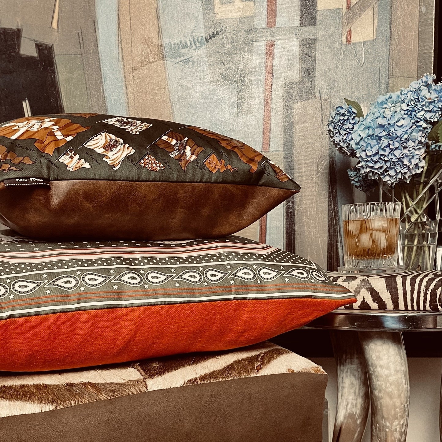 Couvertures et Tenues du Jour Blue Vintage Silk Scarf Round Pillow 13"