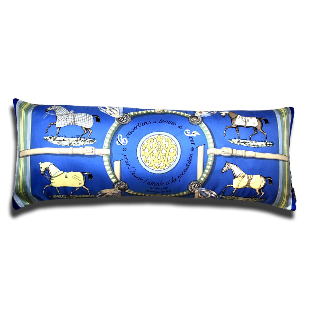 Couvertures et Tenues du Jour Blue Vintage Silk Scarf Lumbar Pillow 35"