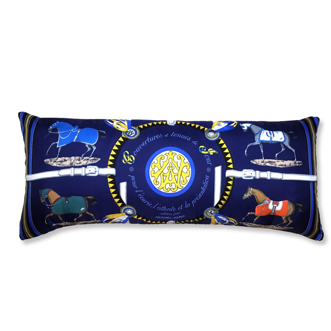 Couvertures et Tenues du Jour Blue Vintage Silk Scarf Lumbar Pillow 35"