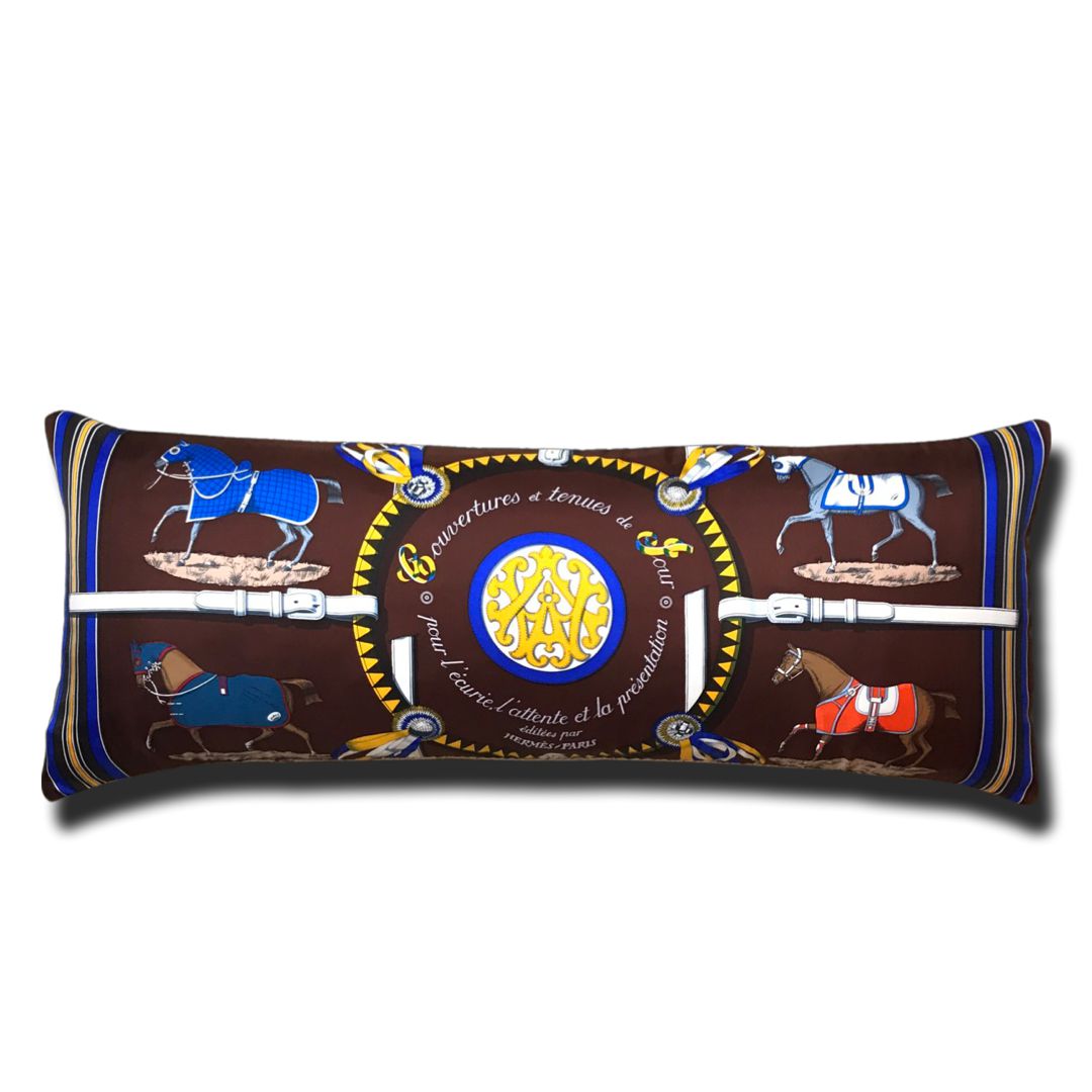 Couvertures et Tenues du Jour Brown Vintage Silk Scarf Lumbar Pillow 35"