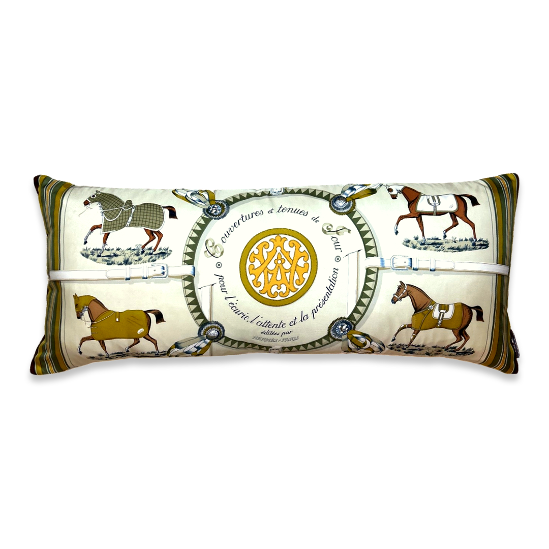 Couvertures et Tenues du Jour Neutral Vintage Silk Scarf Lumbar Pillow 35"