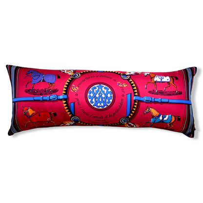 Couvertures et Tenues du Jour Red Vintage Silk Scarf Lumbar Pillow 35"