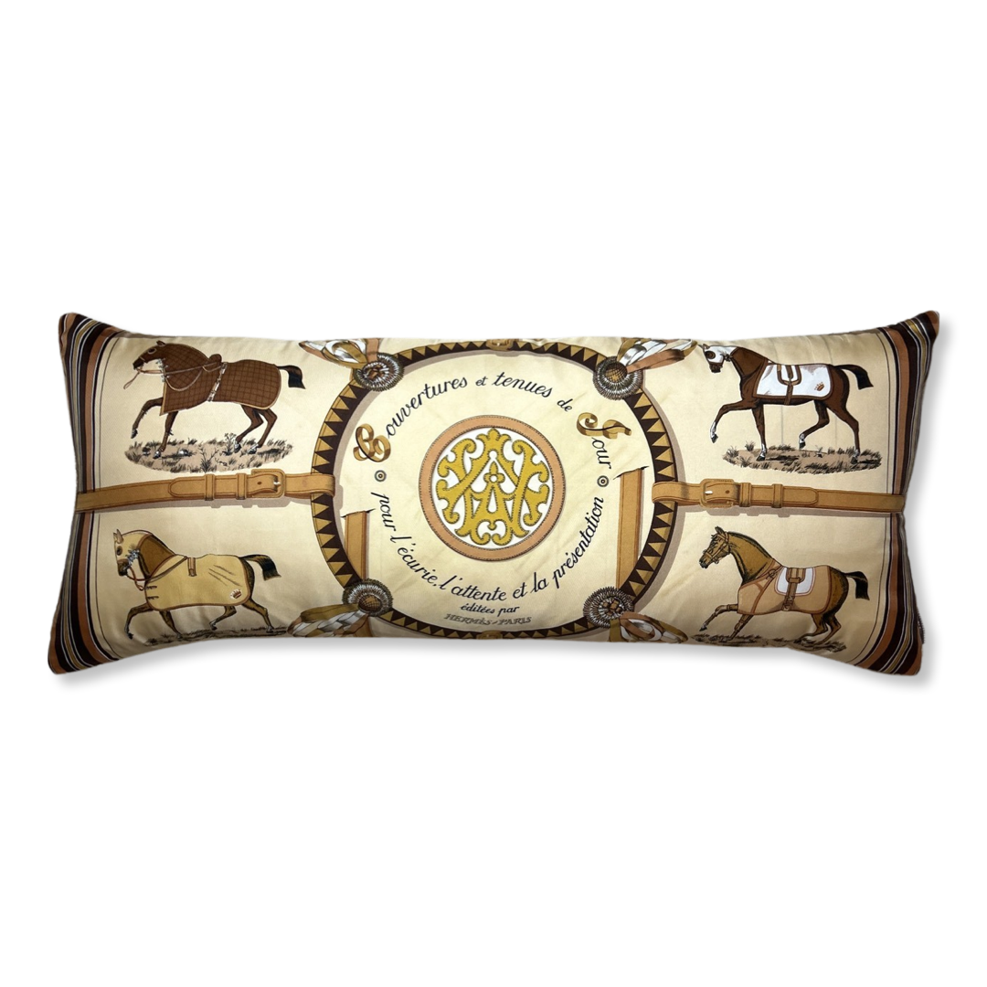 Couvertures et Tenues du Jour Tan Vintage Silk Scarf Lumbar Pillow 35"