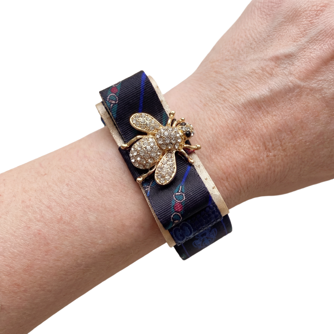 Horsebit Bumblebee Vintage Silk Necktie Cuff Bracelet