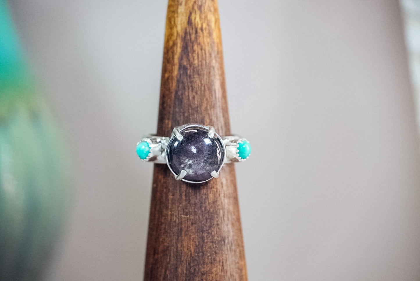 Everyday Weight Handmade Sterling Silver Ring with Star Sapphire + Kingman Turquoise | Western Statement Ring | Size 8.5