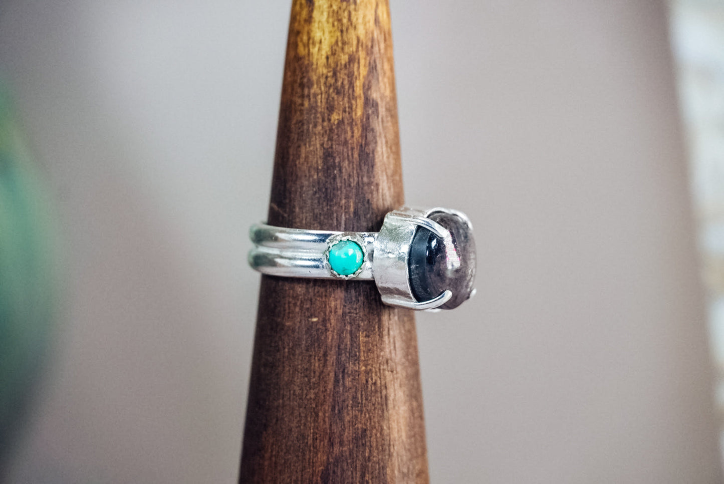 Everyday Weight Handmade Sterling Silver Ring with Star Sapphire + Kingman Turquoise | Western Statement Ring | Size 8.5