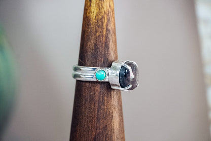 Everyday Weight Handmade Sterling Silver Ring with Star Sapphire + Kingman Turquoise | Western Statement Ring | Size 8.5