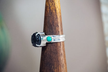 Everyday Weight Handmade Sterling Silver Ring with Star Sapphire + Kingman Turquoise | Western Statement Ring | Size 8.5